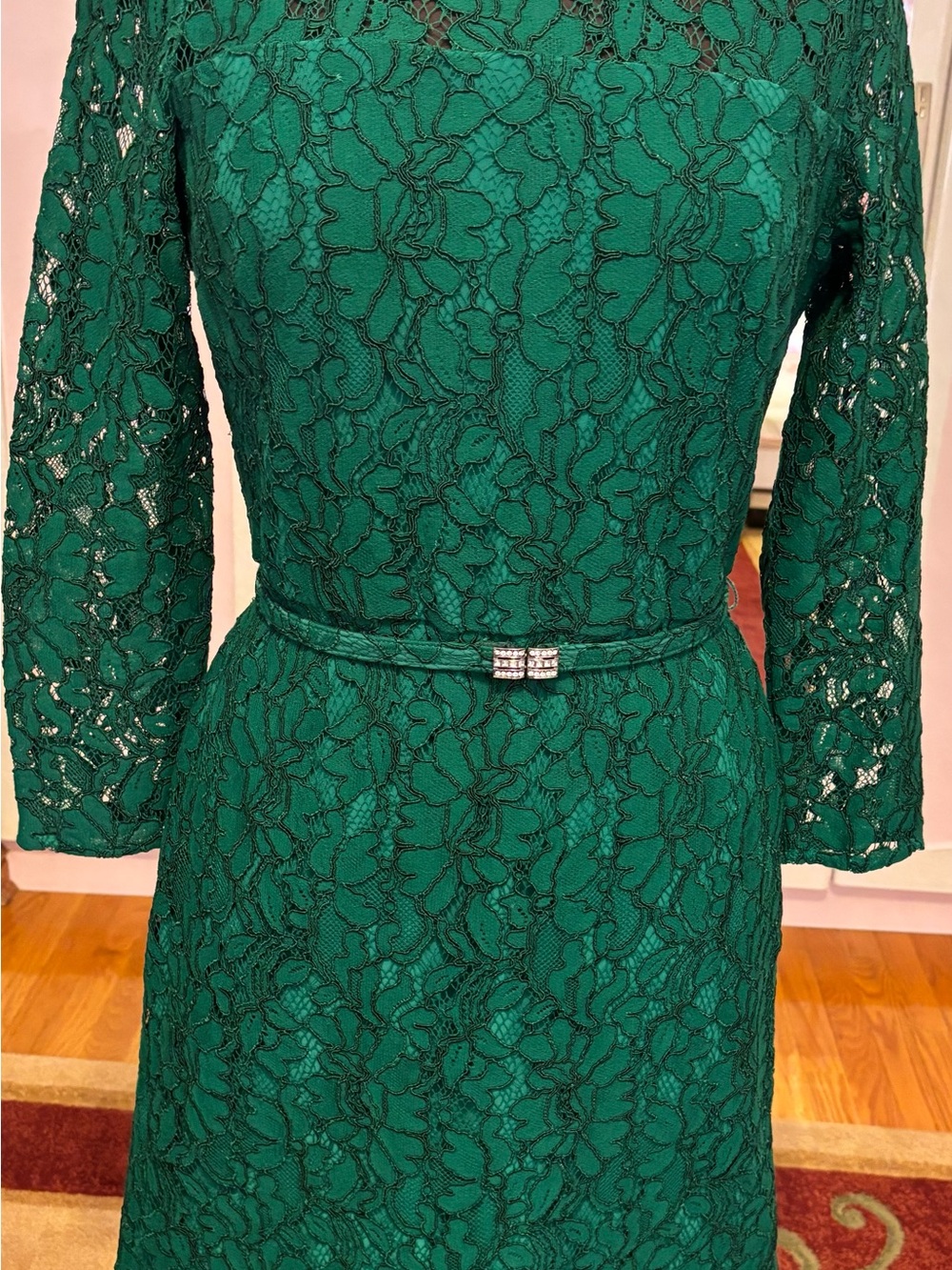 Lauren Ralph Lauren Emerald Lace Long Sleeve Dress with Decorative Belt